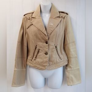 Zoompy Women's Distressed Ripped Denim Jacket Khaki Tan Sz S